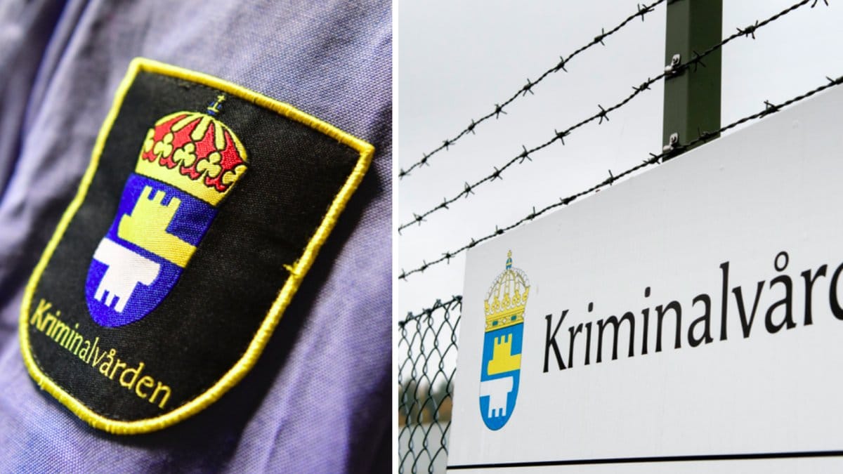 Kriminalvårdares ärm och skylt med kriminalvård och taggtråd.