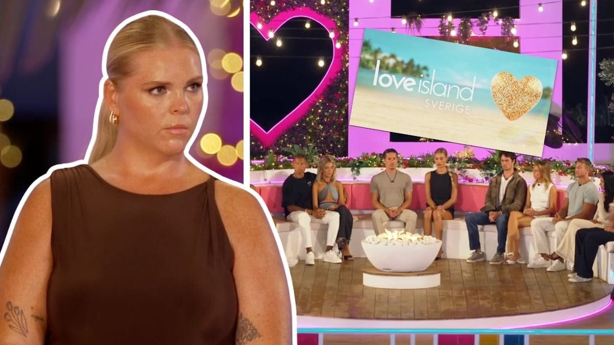 Johanna Nordström och Love Islands logga och deltagarna när de sitter runt eldstaden