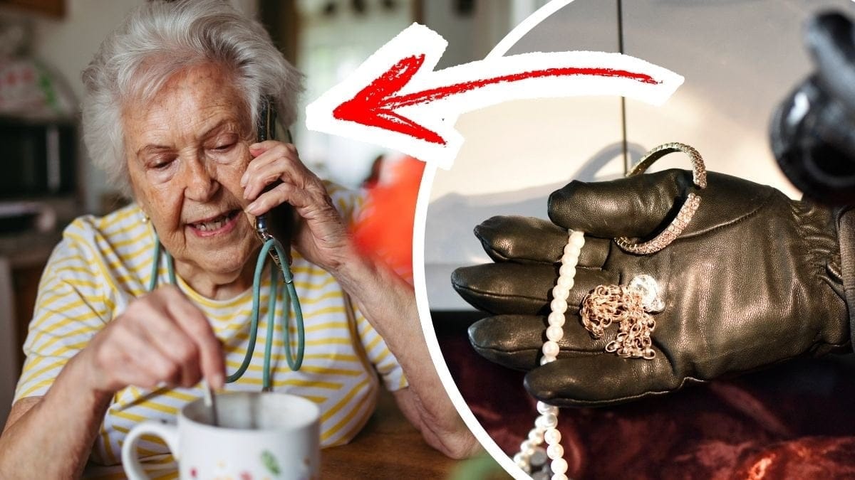 Äldre dam som pratar i telefon och en hand med smycken