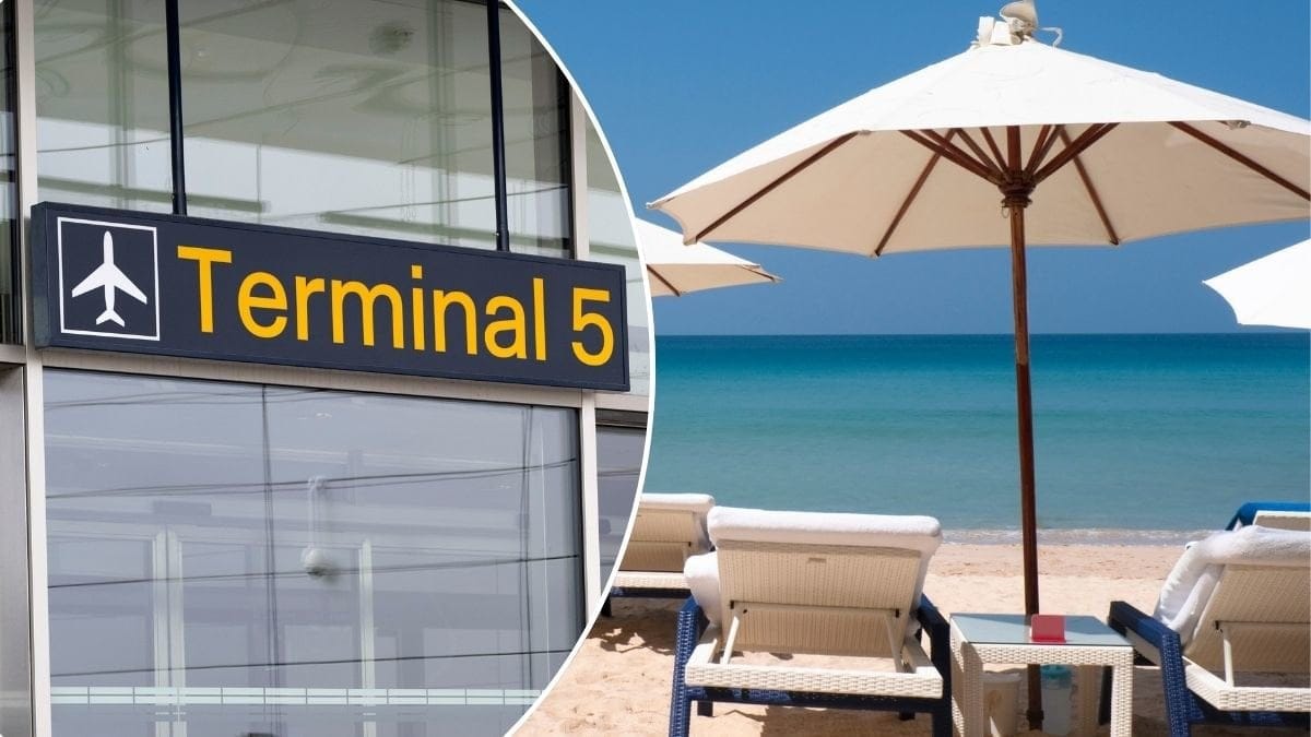 Bilder på en strand i Asien och en skylt på Terminal 5 på Arlanda.