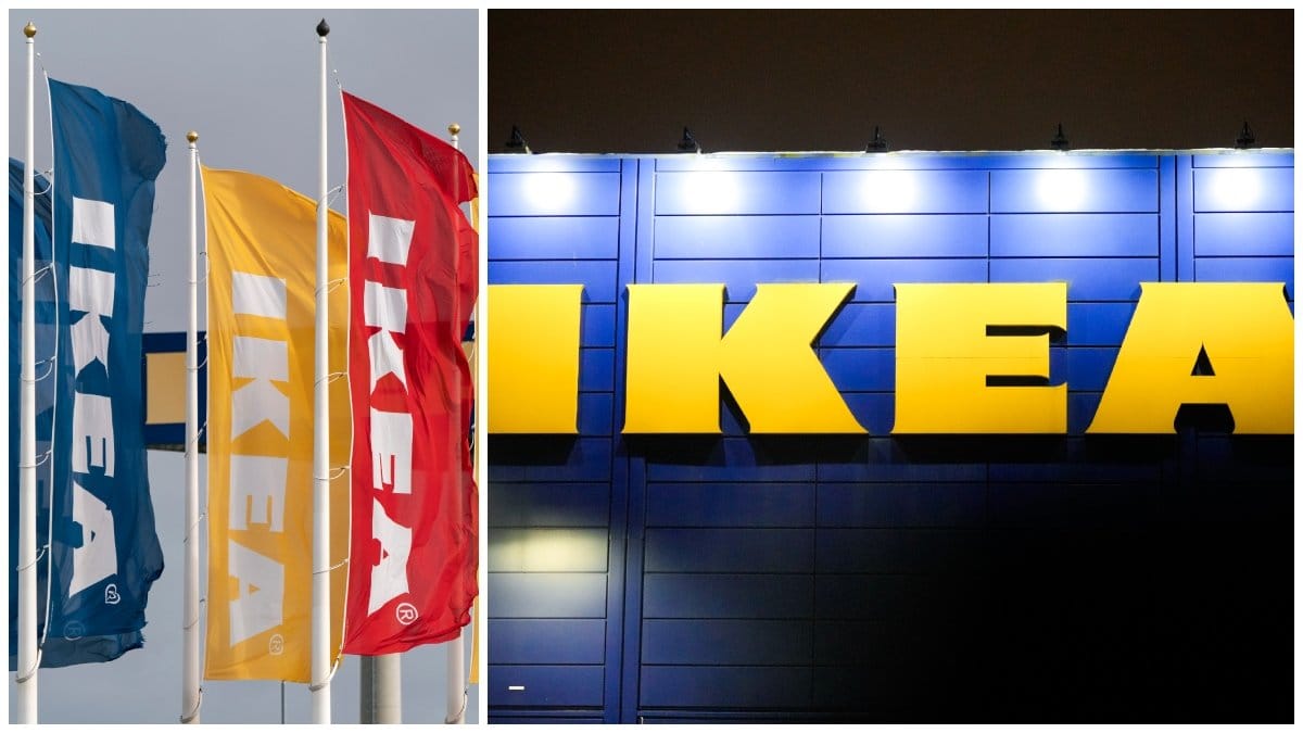 Ikea-flaggor och Ikea-skylt mot blå fasad.