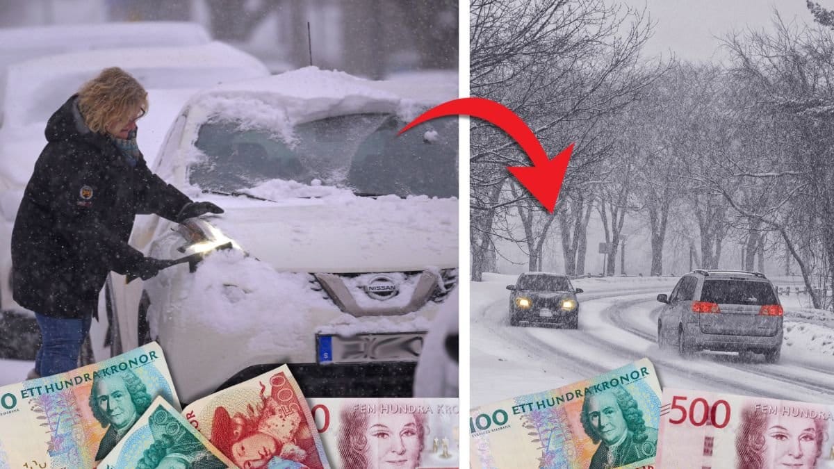 skrapa rutorna och bil som kör i snökaos.