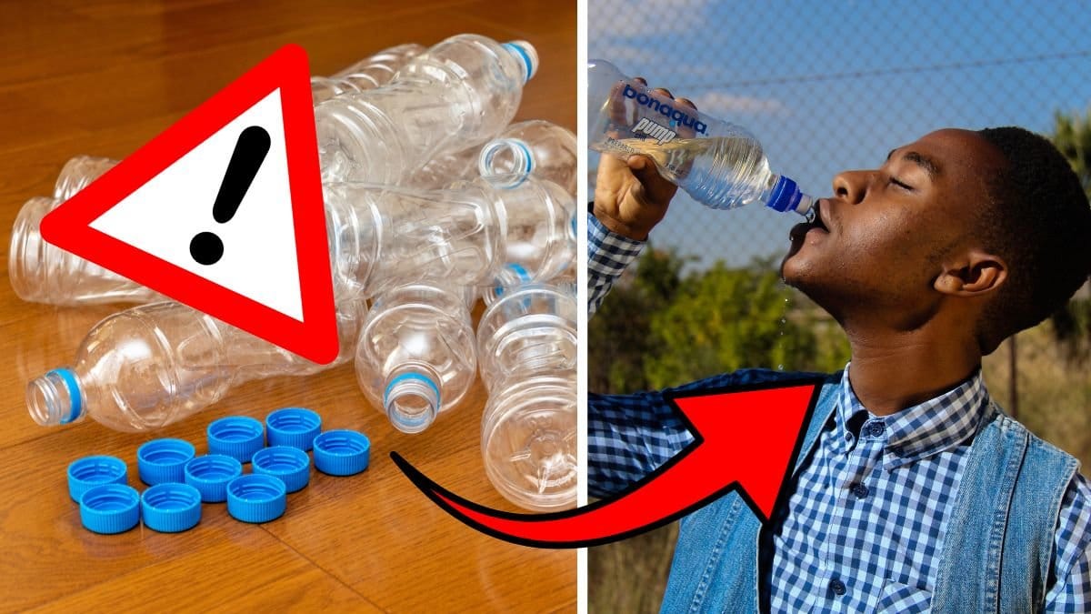 PET-flaskor på ett golv, vänster. En man dricker ur en PET-flaska höger. Varningskylt utklippt vänster. Röd pil pekar på mannen.