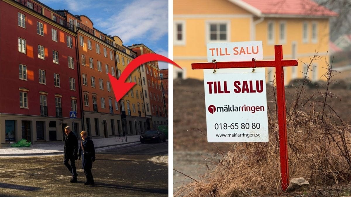 Ett äldre par promenerar och till salu skylt.