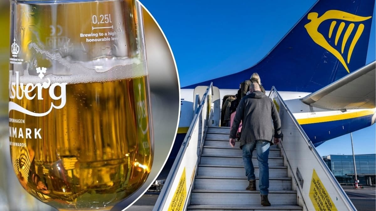 Bild på Ryanairs flygplan och en öl.
