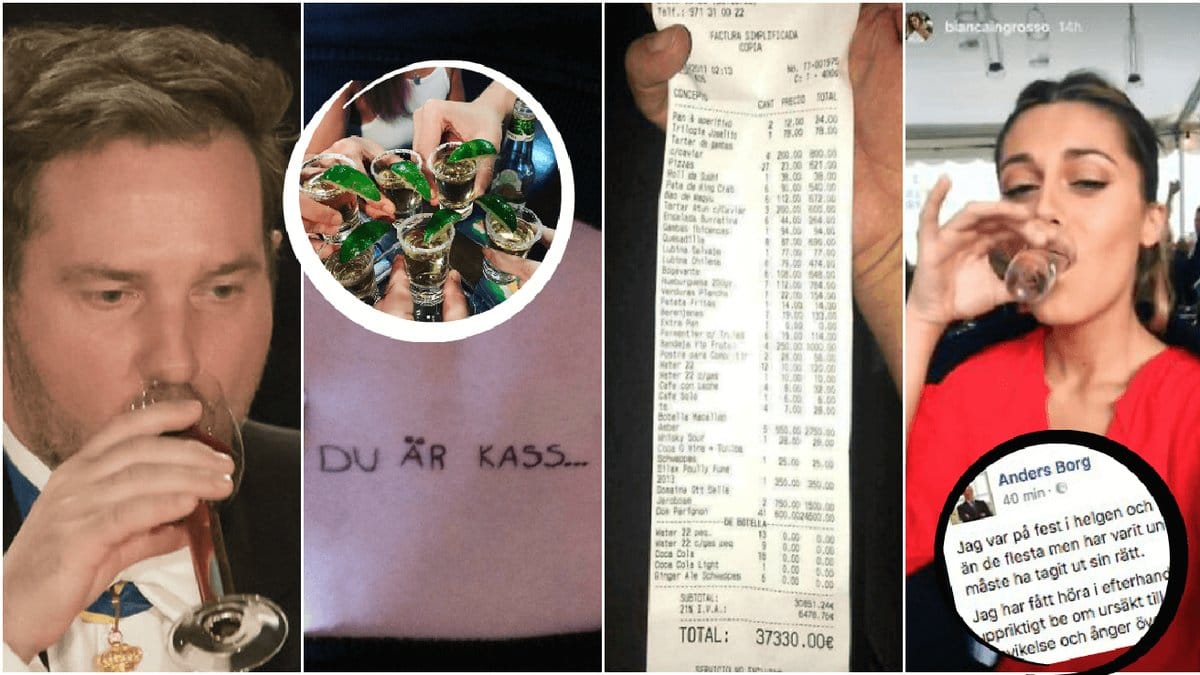 Bilder på Christopher O'Neill, en fylletatuering, ett mastigt kvitto och Bianca Ingrosso som dricker en shot.