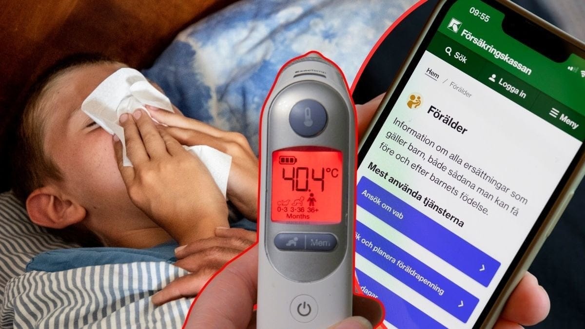 Sjuk pojke, försäkringskassans app och febertermometer