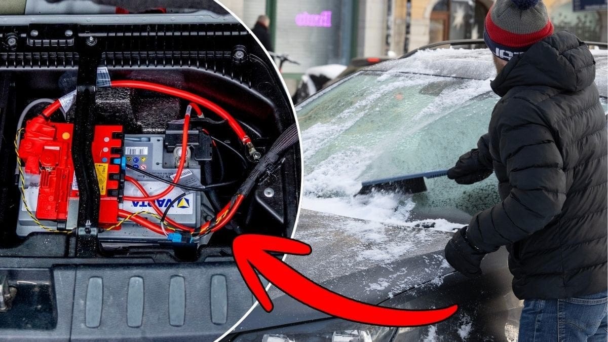Bilder på en man som skrapar rutan på sin bil och ett bilbatteri.