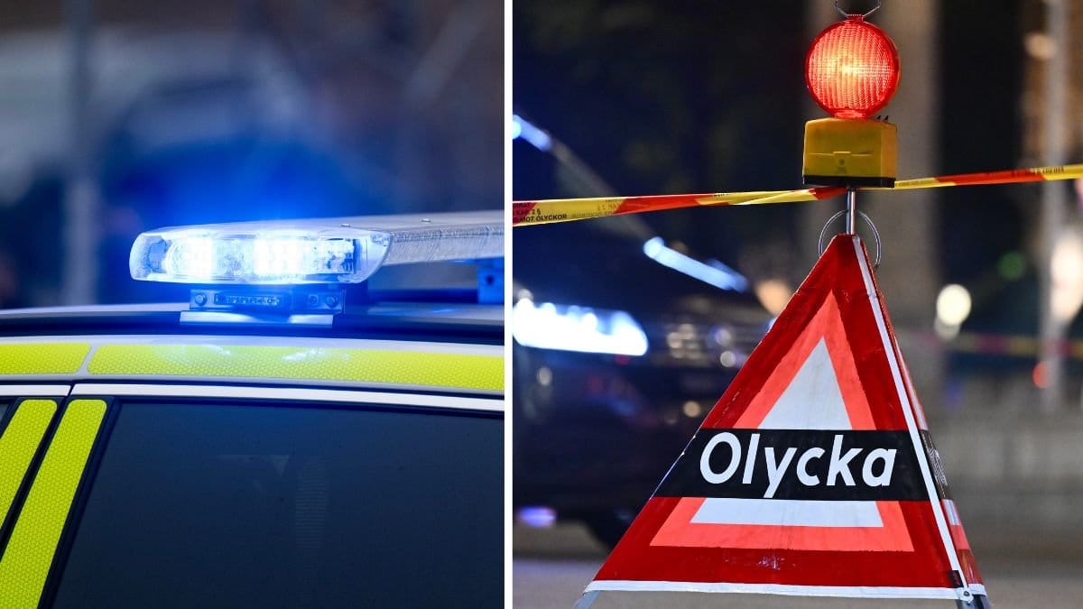 Blåljus och skylt som det står olycka på.