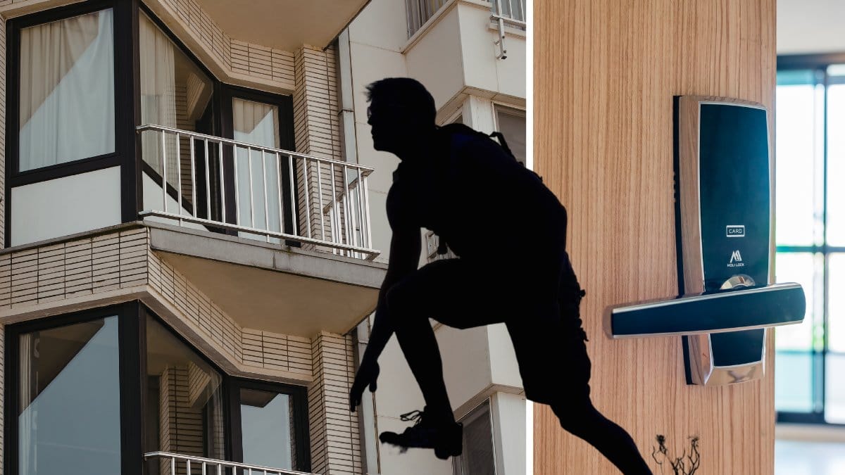Balkonger lägenhetshus vänster. En dörr på halvglänt höger. en utklippt siluett av en man som klättrar i mitten.