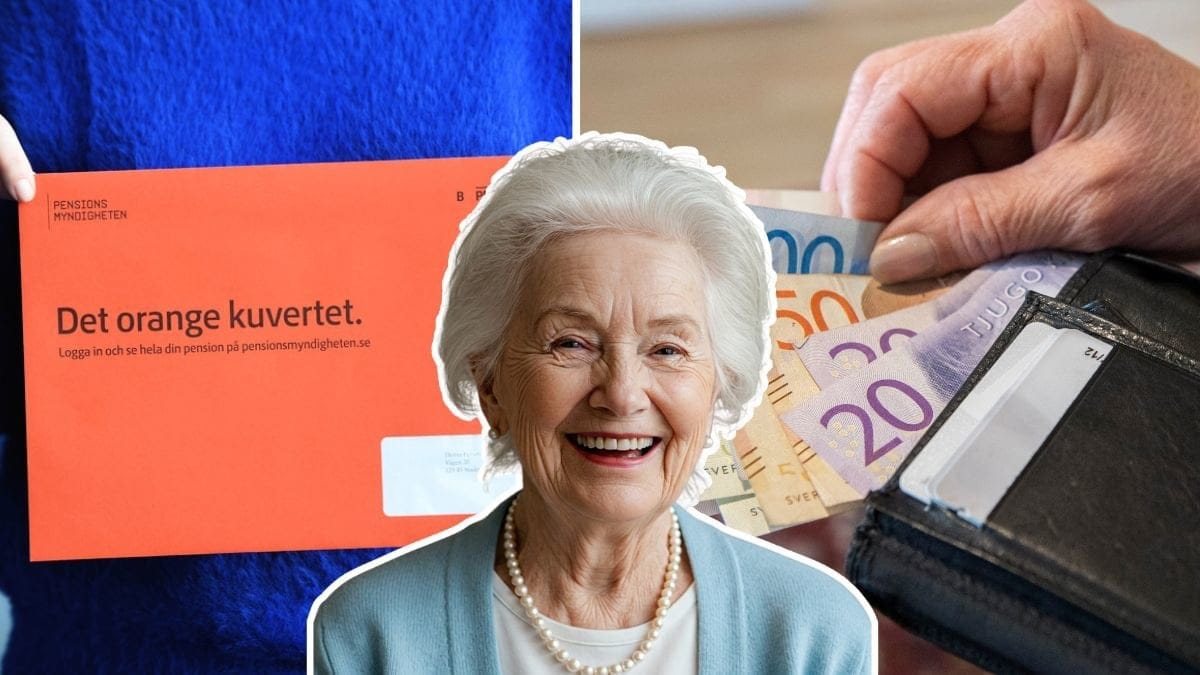 Pensionskuvert, plånbok, glad tant