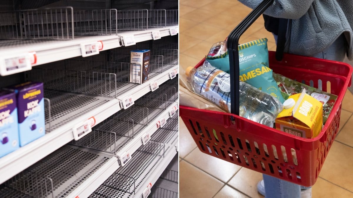 Bild på en tom butikshylla och en kundkorg.