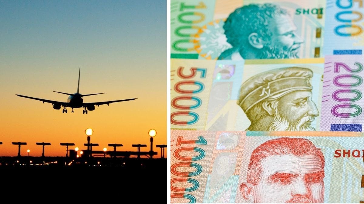 Flygplan och albanska sedlar.