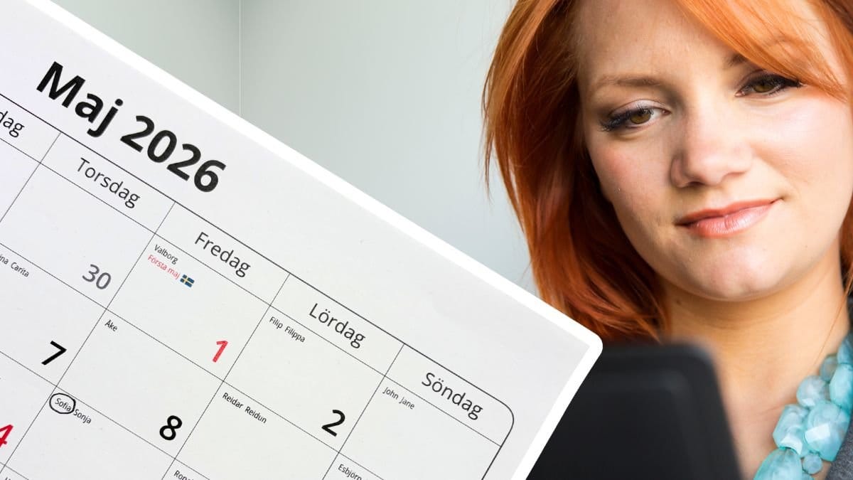 Kalender för maj 2026 och kvinna med en surfplatta