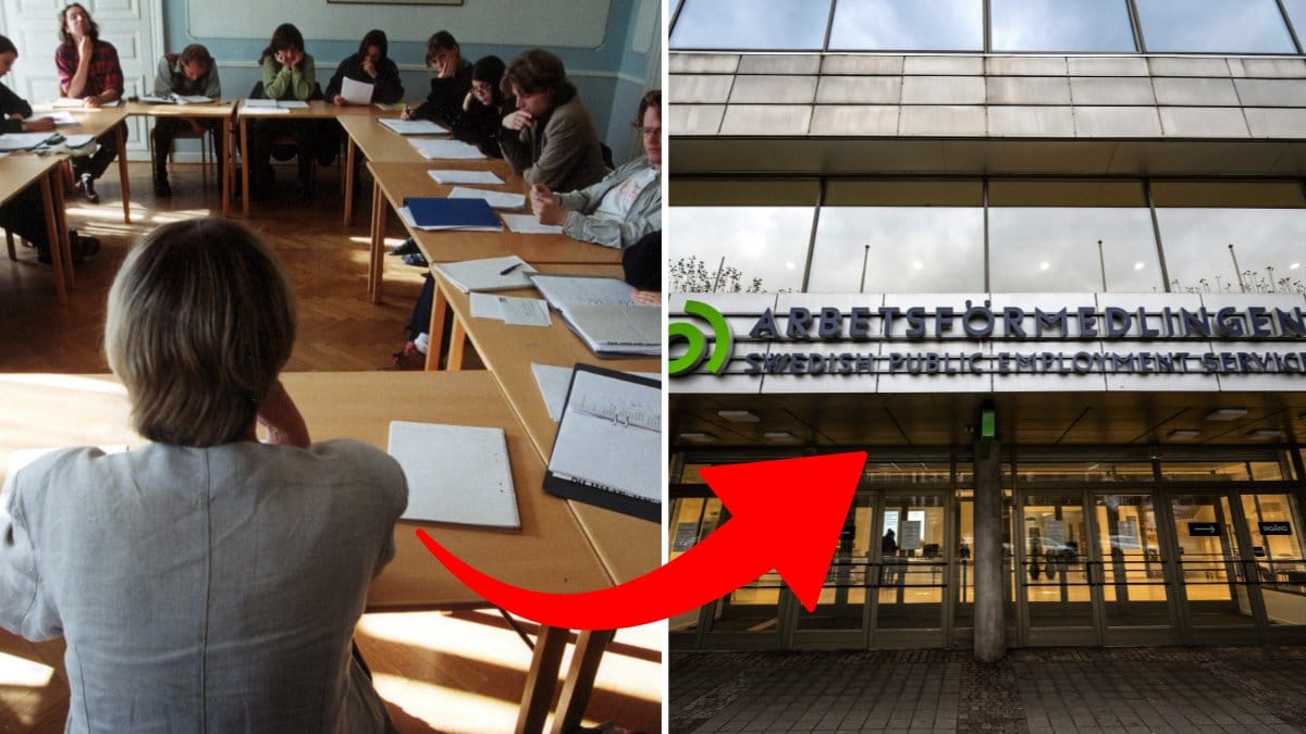 Bild på klassrum, arbetsförmedlingen och röd pil