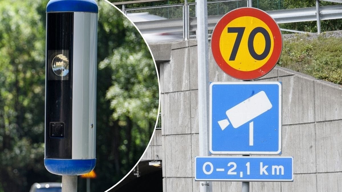 Bilder på en fartkamera och en skylt om kartkamera.