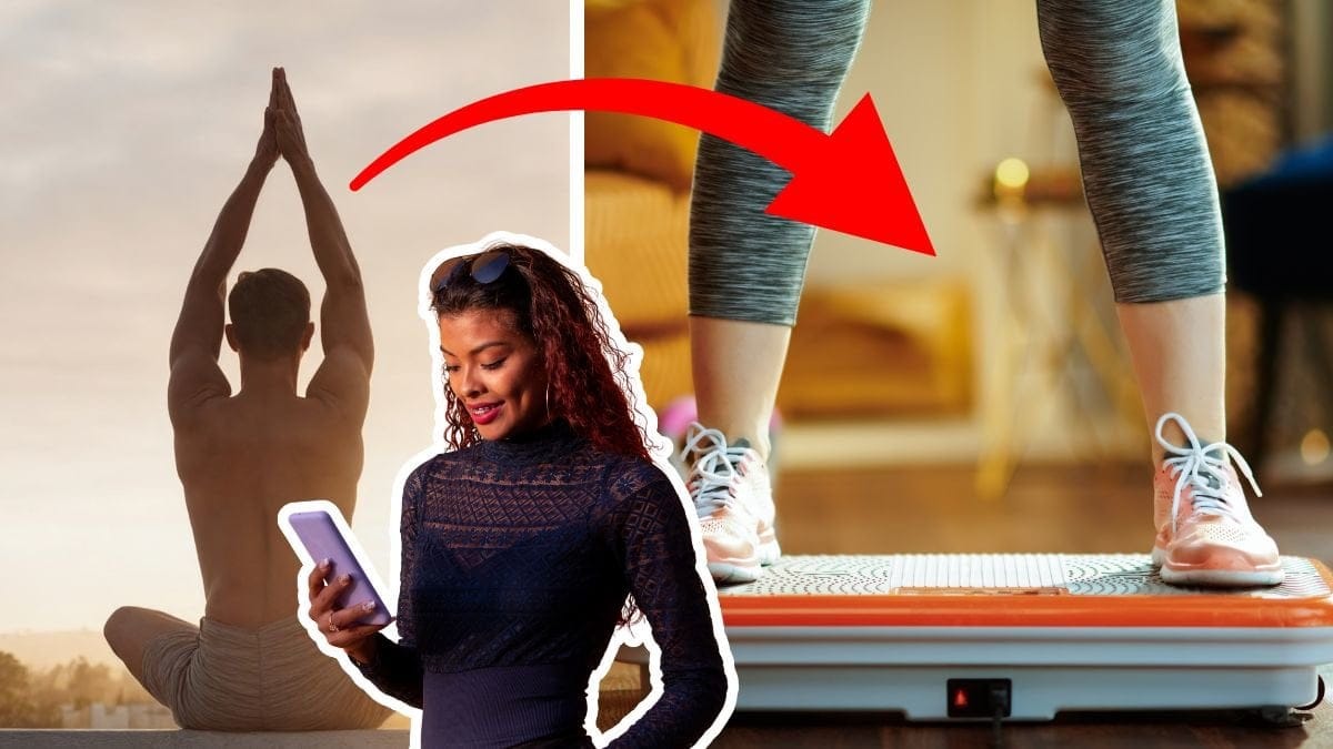 Person som gör yoga vänster. Utklippt person som kollar på en mobil i sin hand i mitten. Två ben som står på en vibrationsplatta till höger.