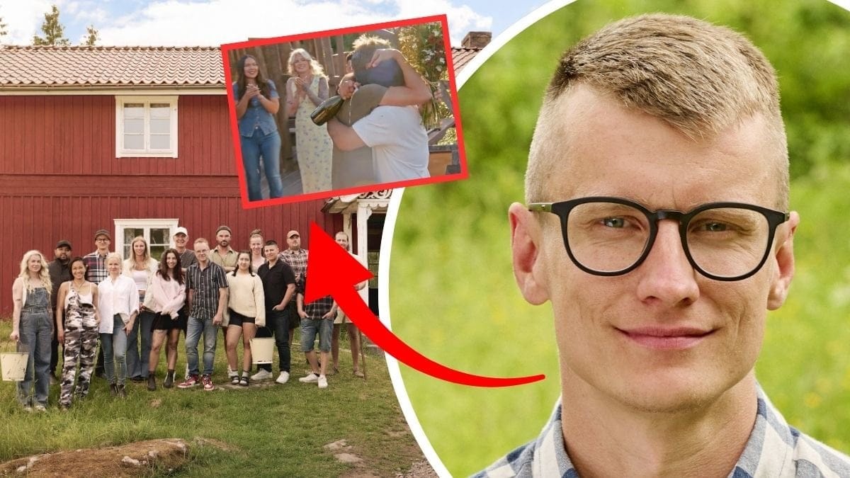Farmen deltagarna vänster. Alexander höger. Utklippt bild på när Alexander vinner till vänster.