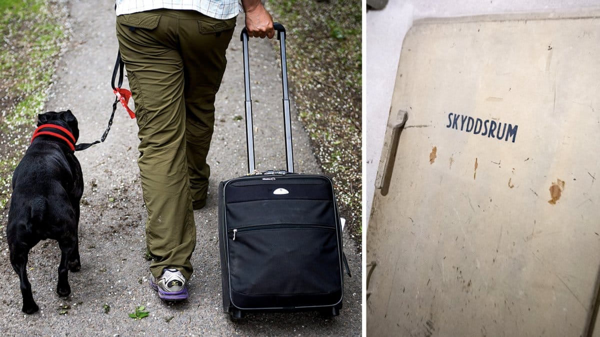 Man med hund och genrebild på skyddsrum.