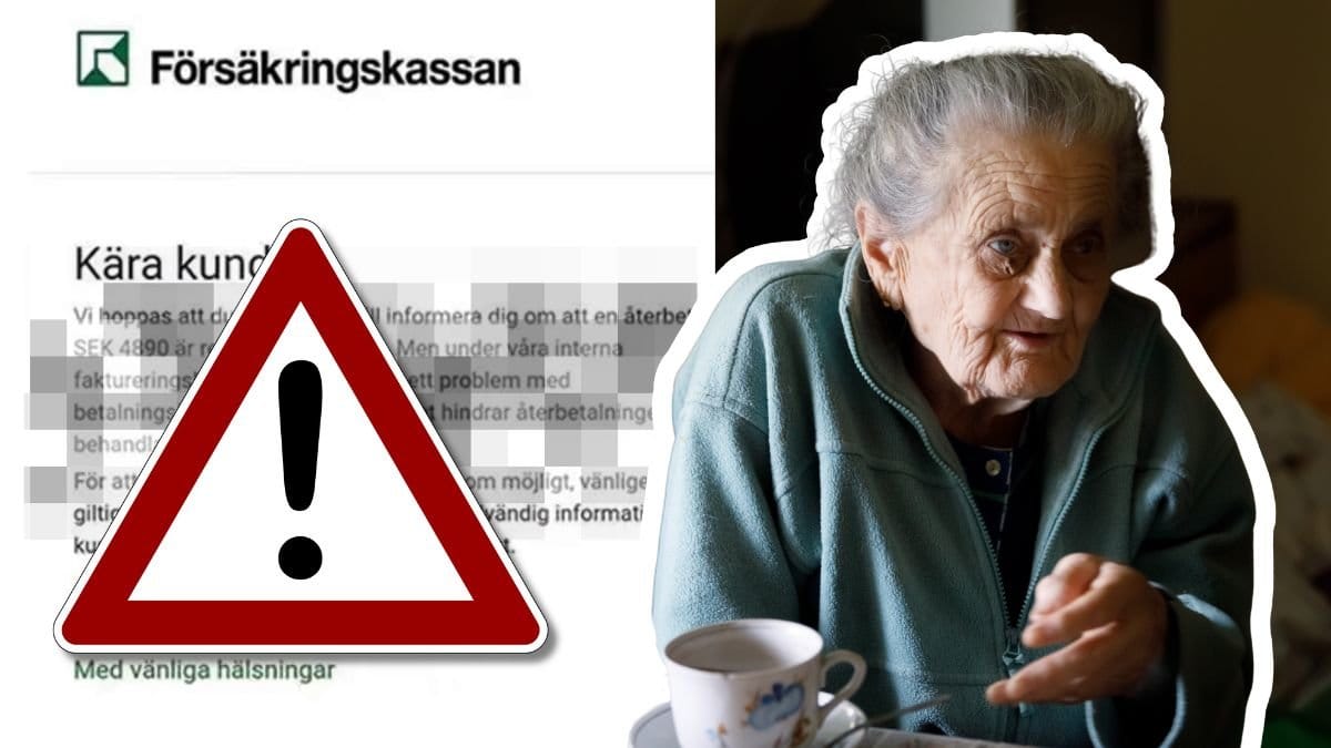 Bluffmejl från Försäkringskassan och en äldre dam.