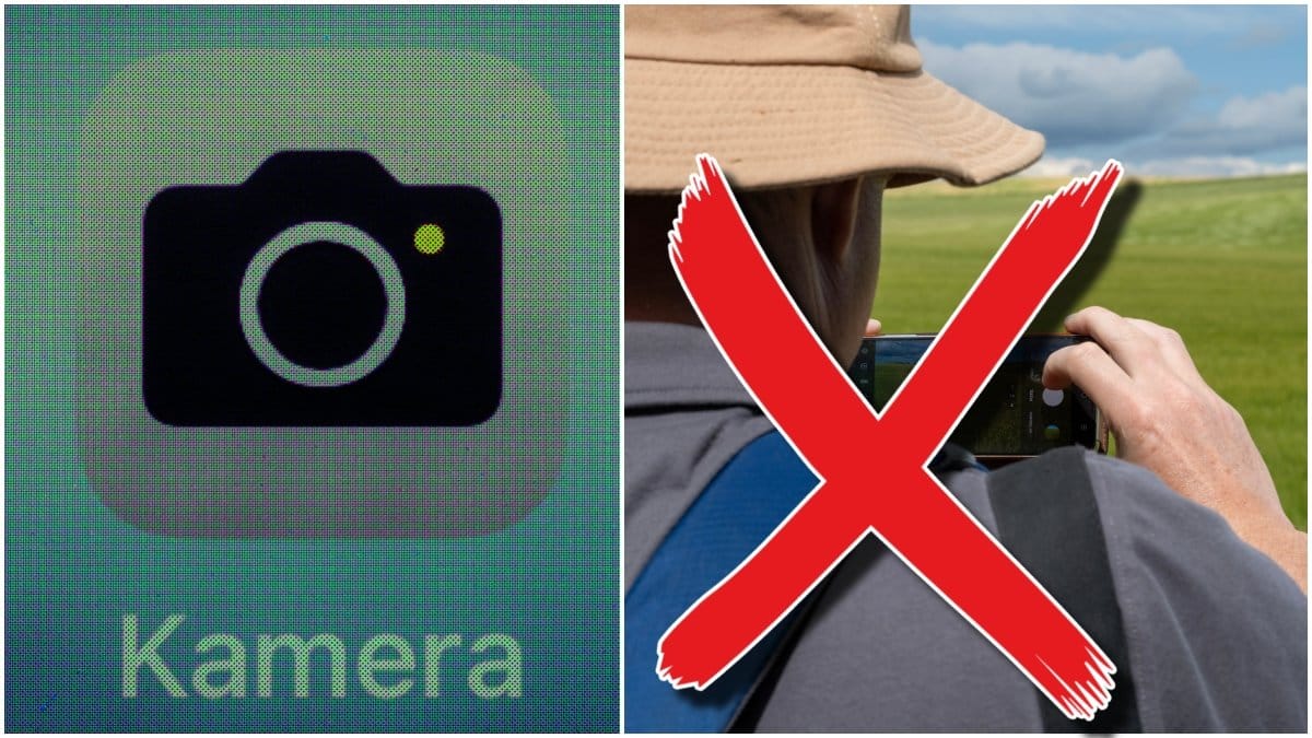 Kamera app och man som tar bild med telefonen.