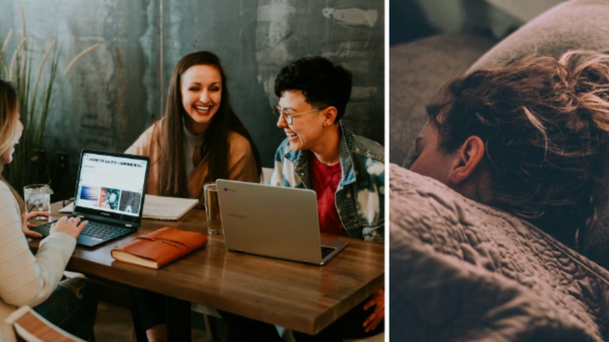 ungdomar pratar, kvinna sover