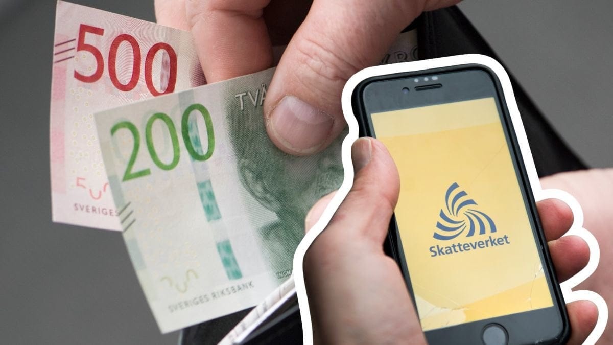 Pengar i plånbok och en mobil med Skatteverkets app.