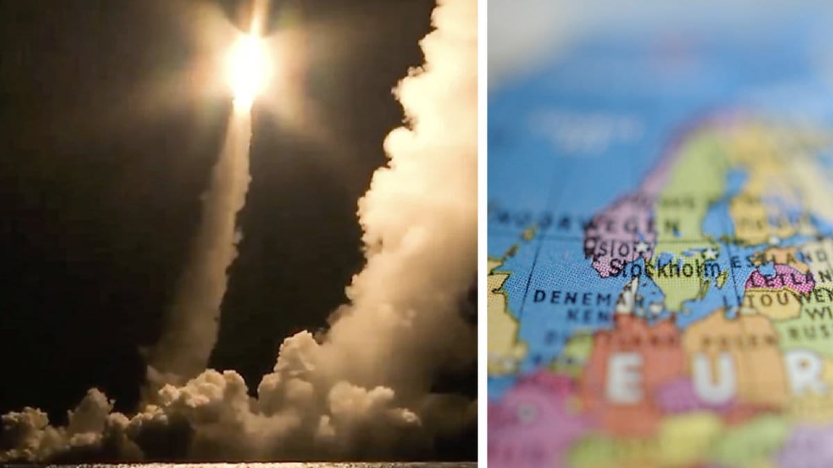 Foto från december 2020 den ryska försvarsmakten som uppges visa när en interkontinental robot avfyras från en rysk ubåt i Ochotska havet. 