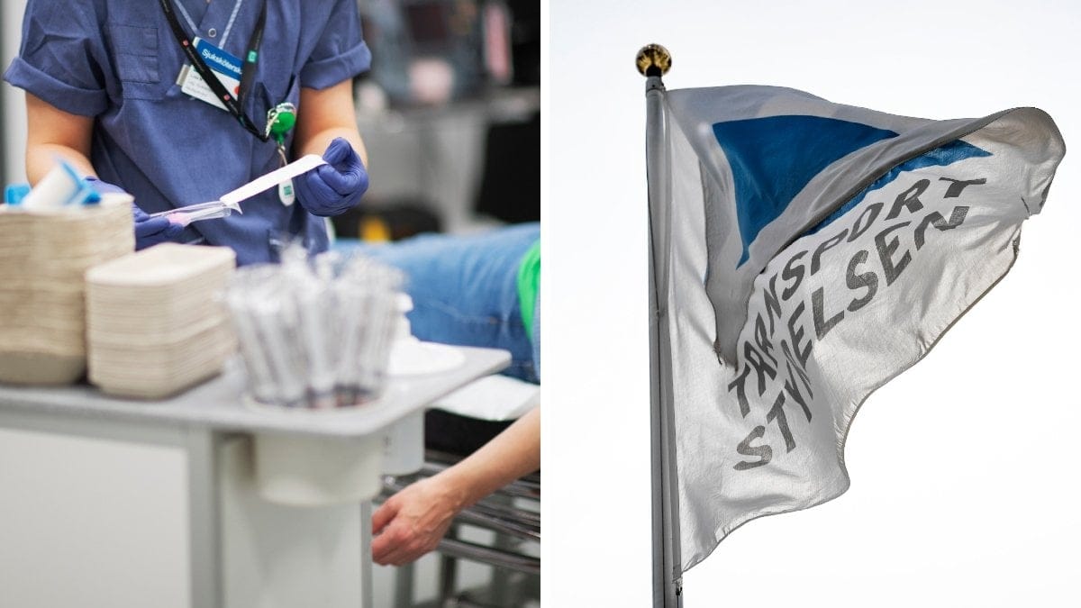 Bilden till vänster visar sjukhusmiljö. Bilden till höger visar en flagga med texten Transportstyrelsen.