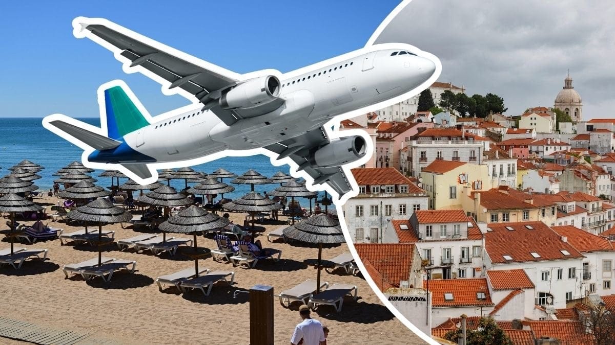 Strand i Portugal, flygplan och byggnader i Lissabon