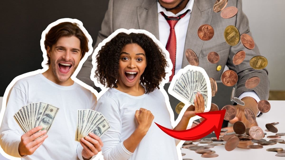 Ett par håller i kontanter vänster. En person med kostym vid en dator i bakgrunden. Mynt som faller utklippta höger.