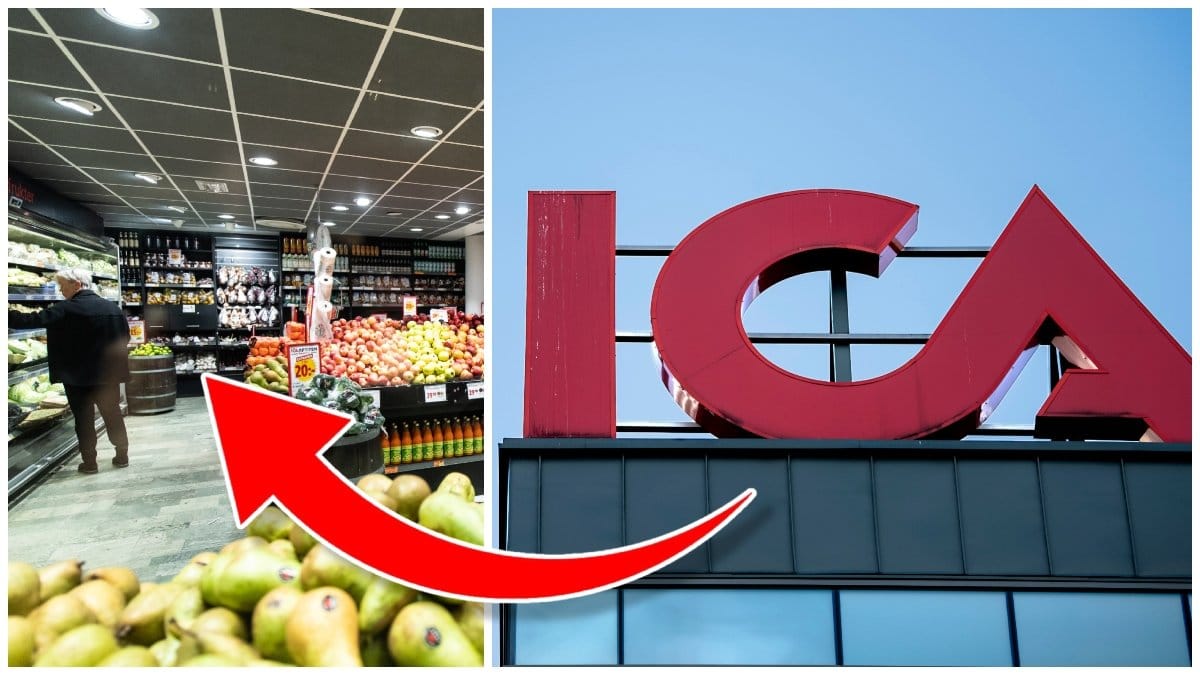 Frukt- och grönsaksavdelning på Ica och Icas skylt.