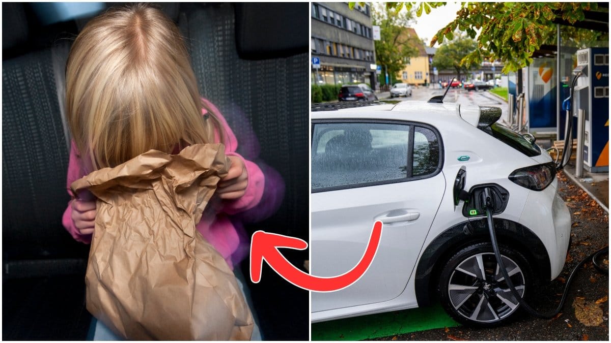 Åksjuk i bilen och en elbil som laddas