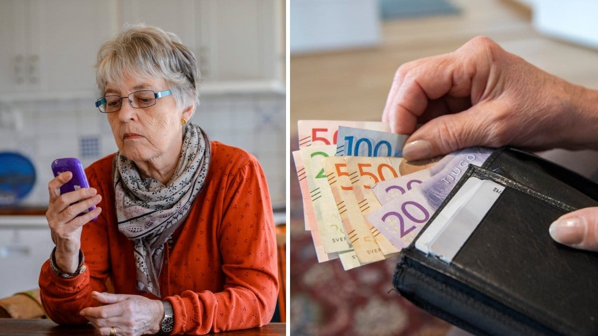 Äldre dam och en plånbok med pengar i