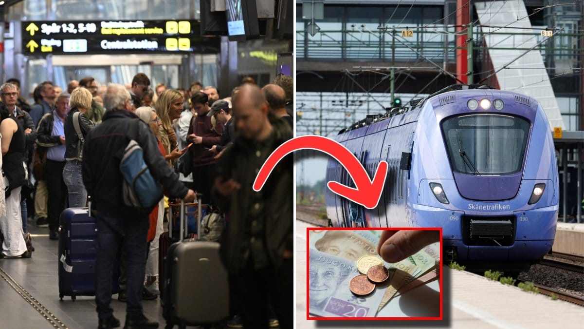 bild på en folkmassa som väntar på ett tåg till vänster. En röd pil som pekar från folkmassan till en hög pengar som ligger snett till höger. Bild på ett lila tåg från Skånetrafiken till höger. 