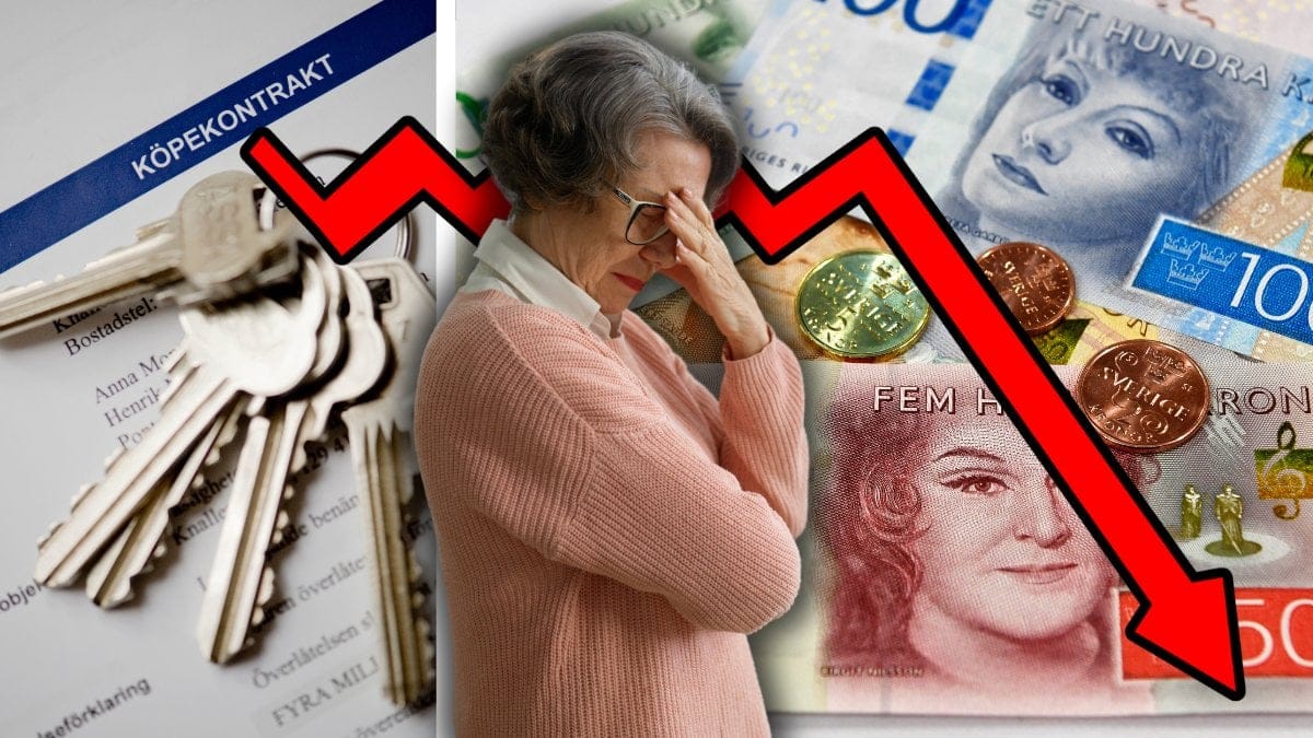 Köpekontrakt, sedlar, kvinna med handen över ansiktet och en röd graf som pekar nedåt.