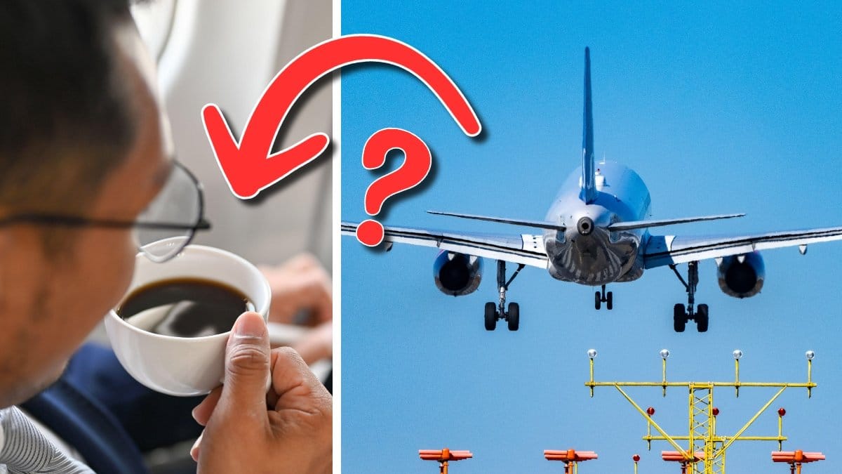 En man som dricker kaffe på ett flygplan och ett flygplan som lyfter bakifrån.