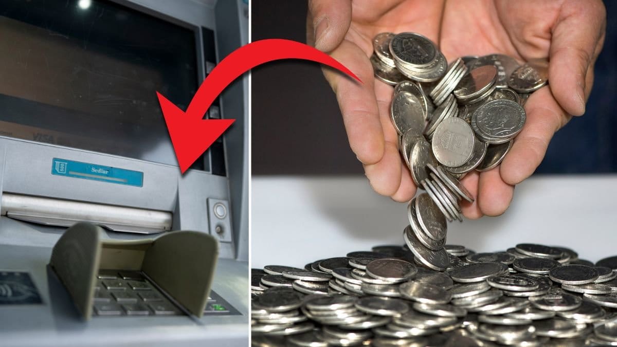 Bankautomat till vänster. Händer som håller mynt till höger.