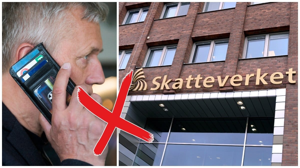 Man som pratar i telefon och Skatteverkets logga på byggnad. 