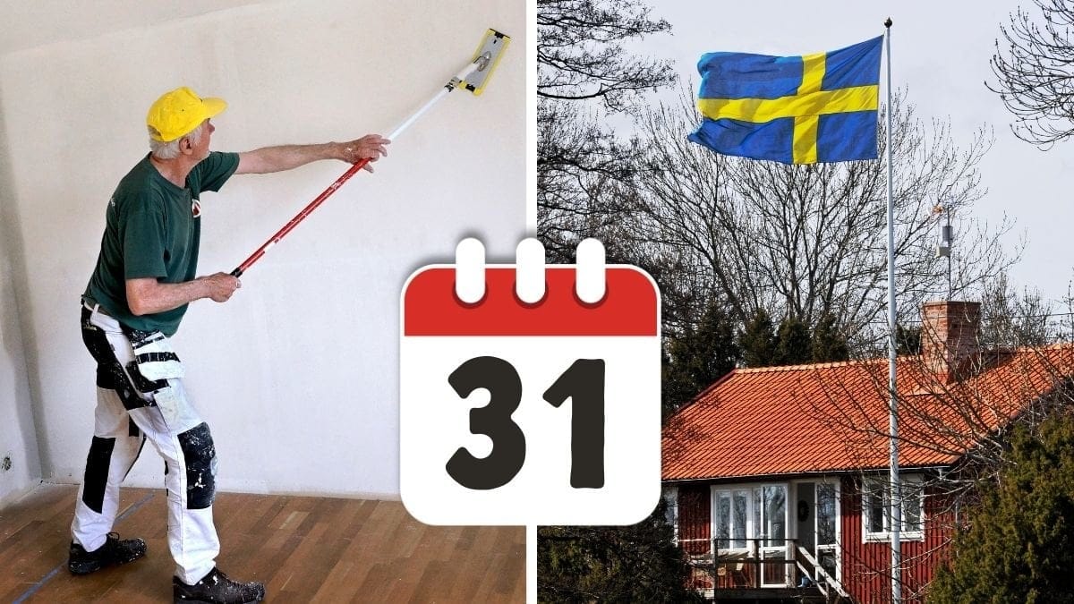 Renovering och ett hus med svenska flaggan.