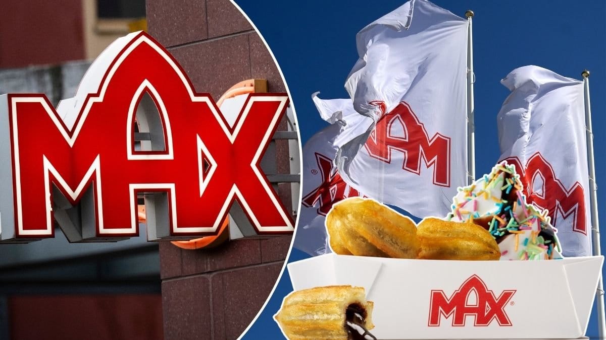 Bild på Max skylt, Max churros och Max-flaggor.