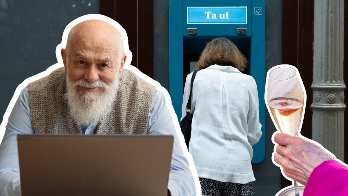 Kvinna vid en bankomat, en man vid en dator och en hand som håller i ett champagneglas.