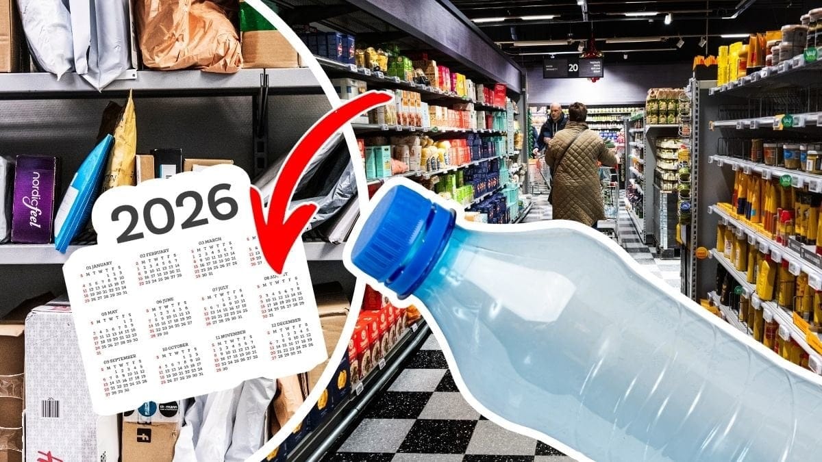 Paket från e-handel, matbutik med varor och en pet-flaska