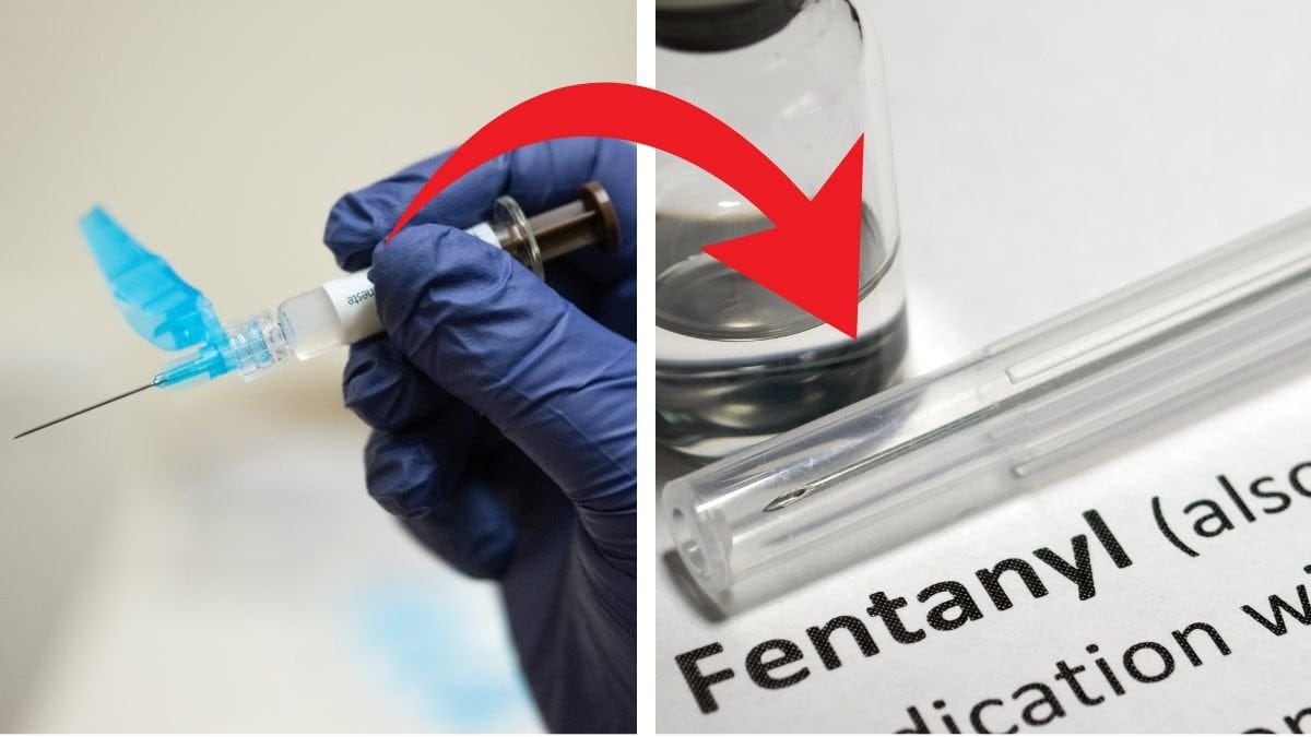 Hand med handske håller i spruta till vänster. En glasflaska som står på en lapp där det står Fentanyl till höger. En röd pil pekar från sprutan till ordet Fentanyl