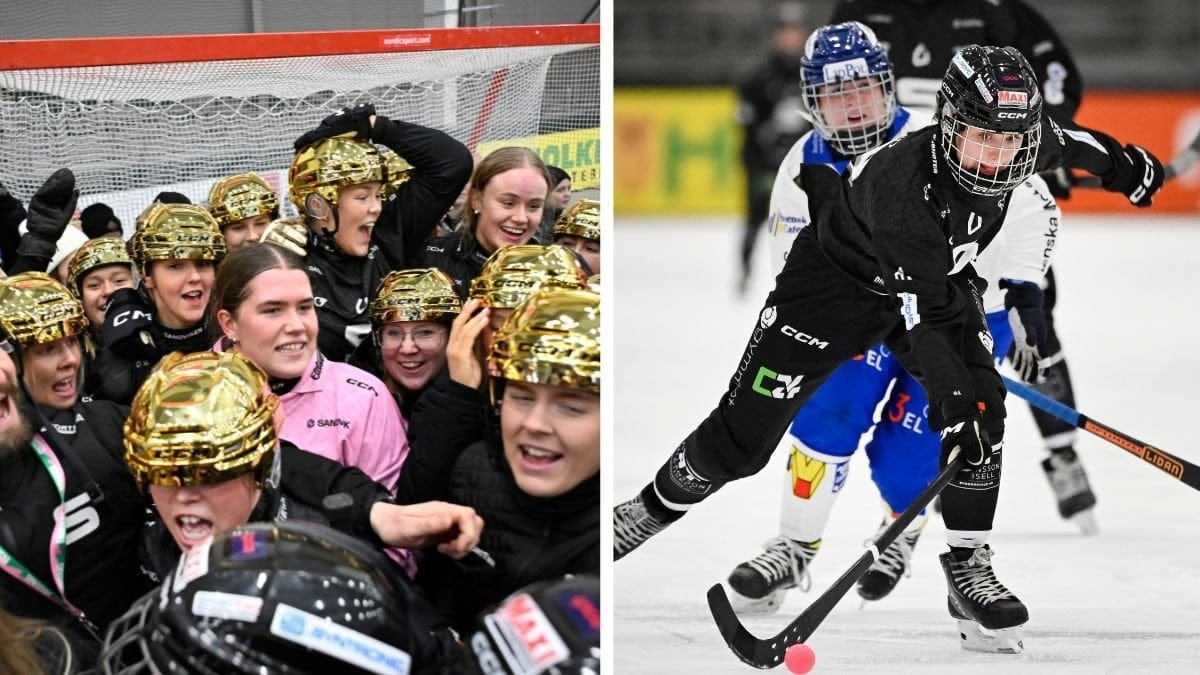 Sandviken med guldhjälmar till vänster. Två spelare från Sandviken och Villa-Lidköping höger.