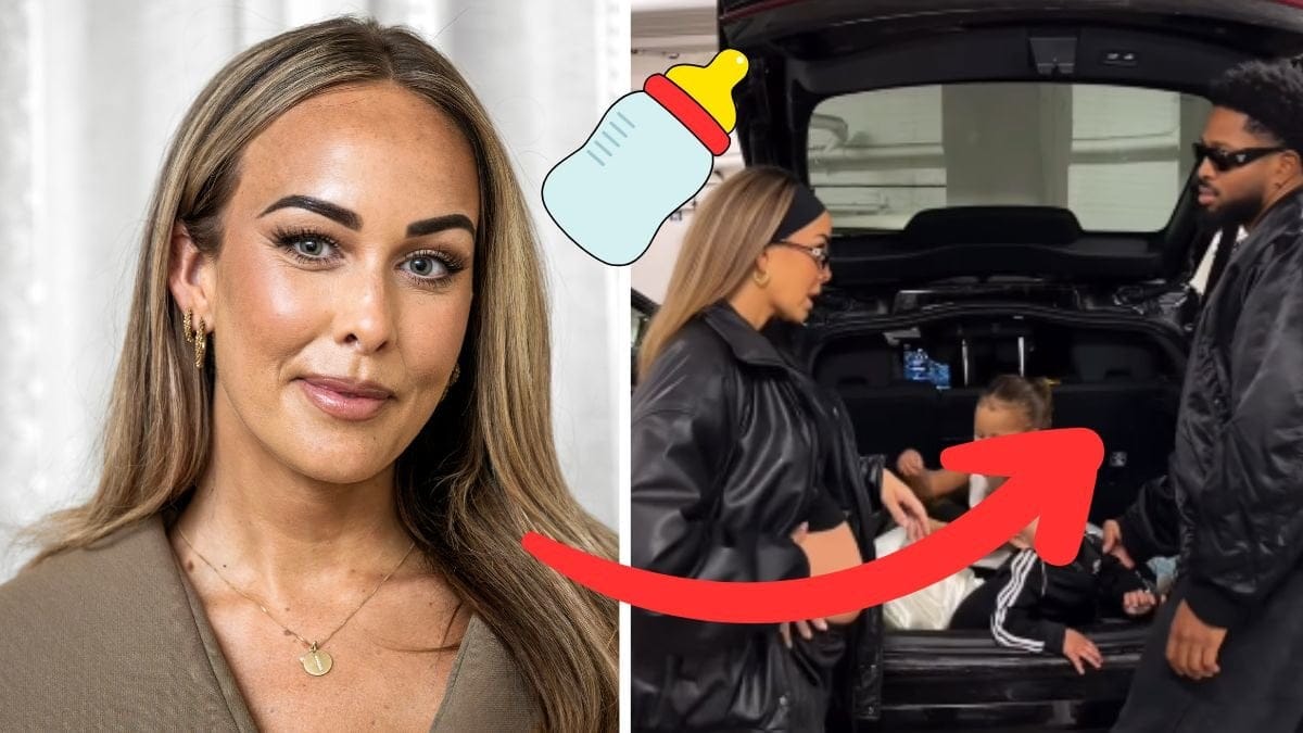 Klara Elvgren vänster. Skärmbild på videon med Jjohn och Klara till höger. Röd pil pekar från Klara till skärmbilden. En nappflaska utklippt i mitten.