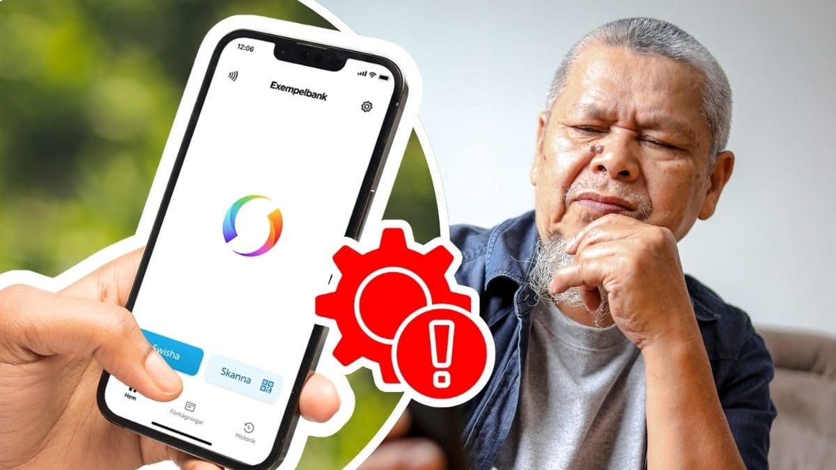 Swish-appen i mobiltelefon och bekymrad man