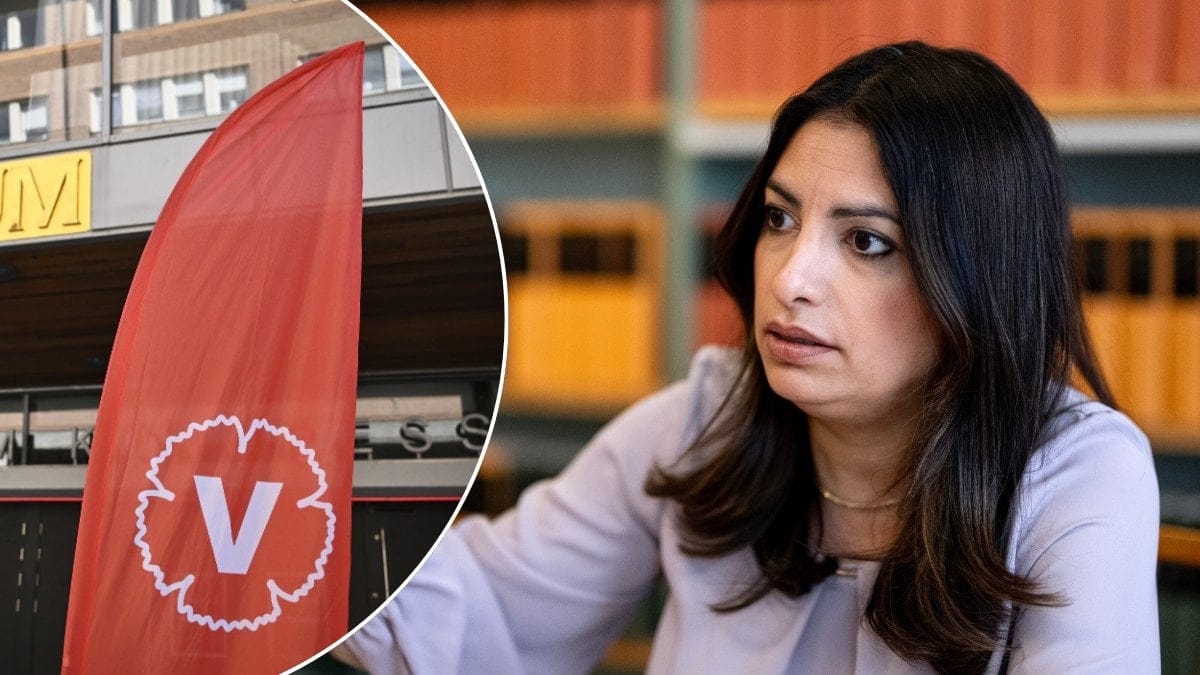 Vänsterpartietflagga och Nooshi Dadgostar