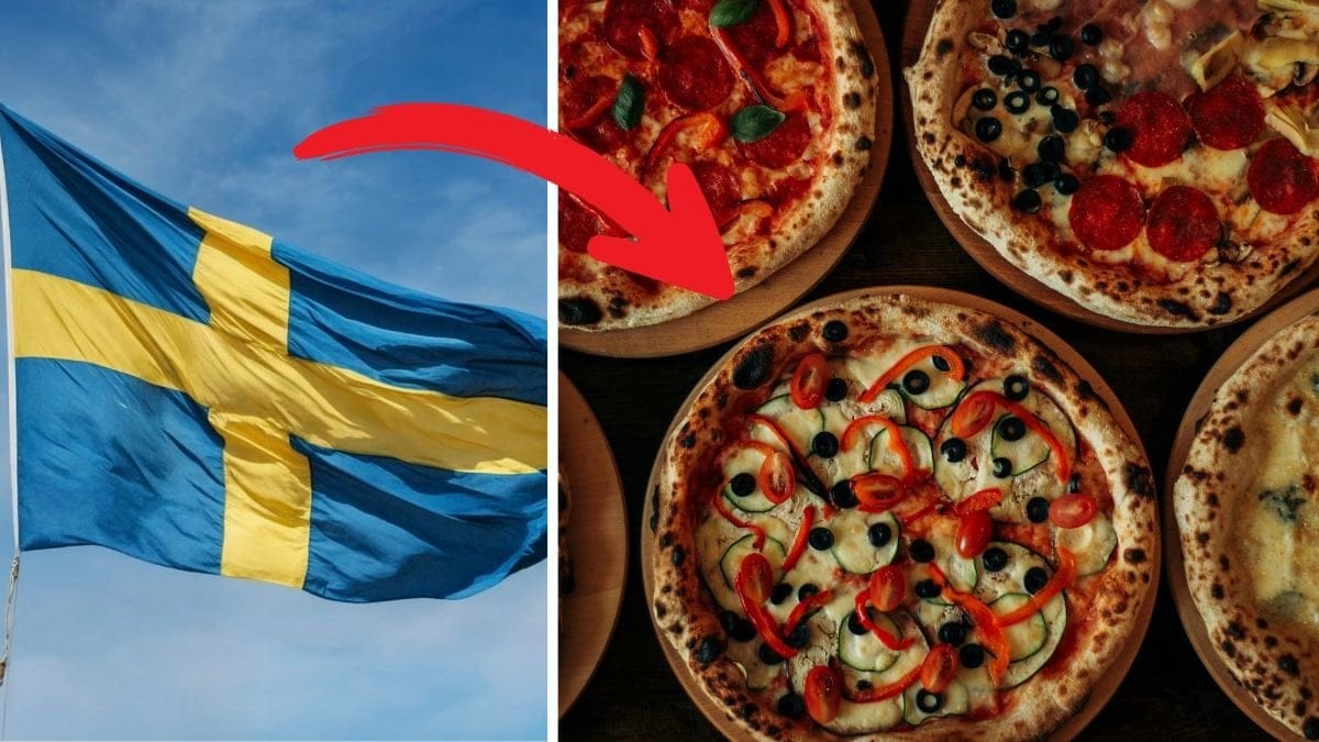 Svensk flagga vänster. Pizzor höger. Röd pil pekar på pizzorna.