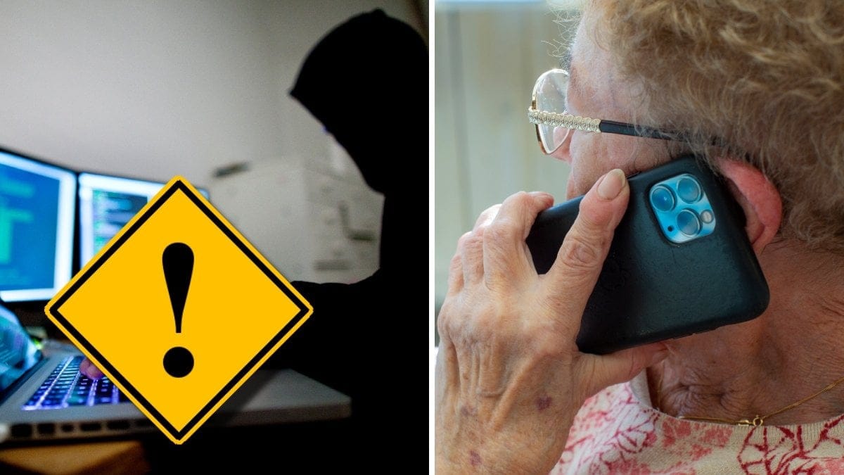 En hacker vid två datorskärmar och en äldre person som pratar i telefon.